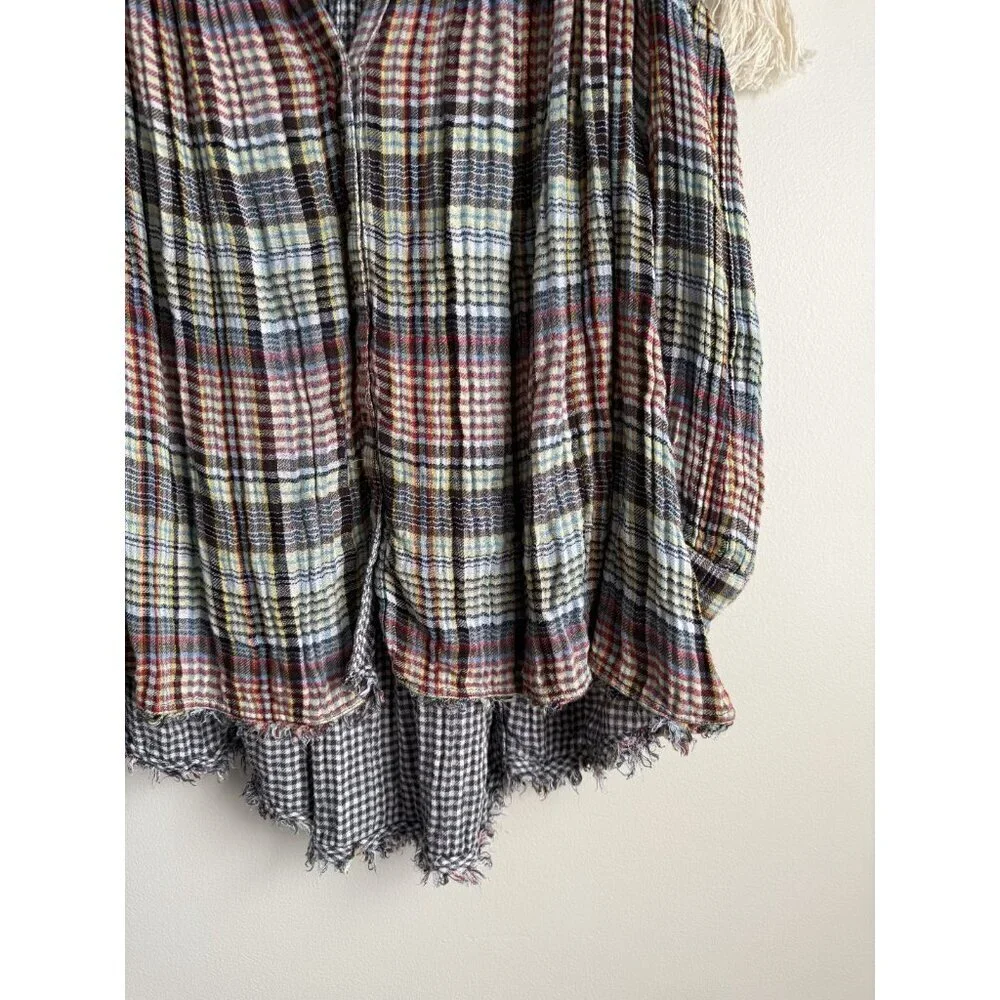 Free People Come On Over Multicolor Plaid Pleated Flowy Oversized Top Boho S
